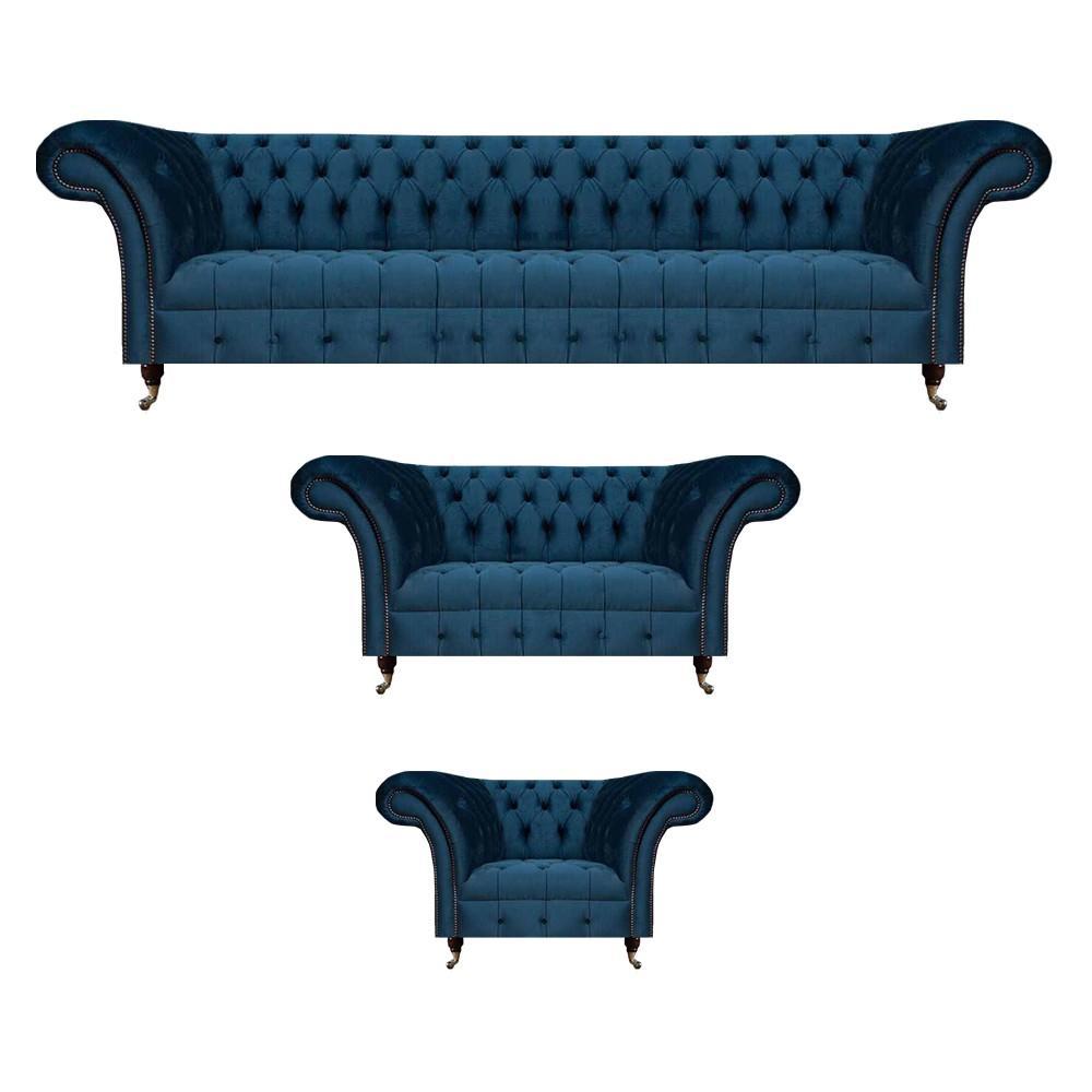 Sofagarnitur Blau Luxus Komplett 3tlg Sitzmöbel Chesterfield Polster Sitz Neu