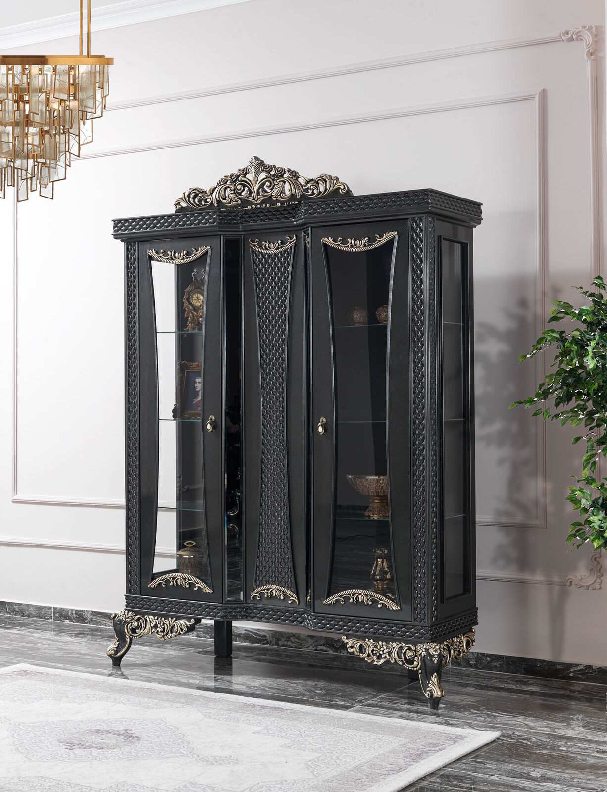 Vitrine Schrank Vitrinenschrank Schränke Wohnzimmer Glas Grau Holz Neu