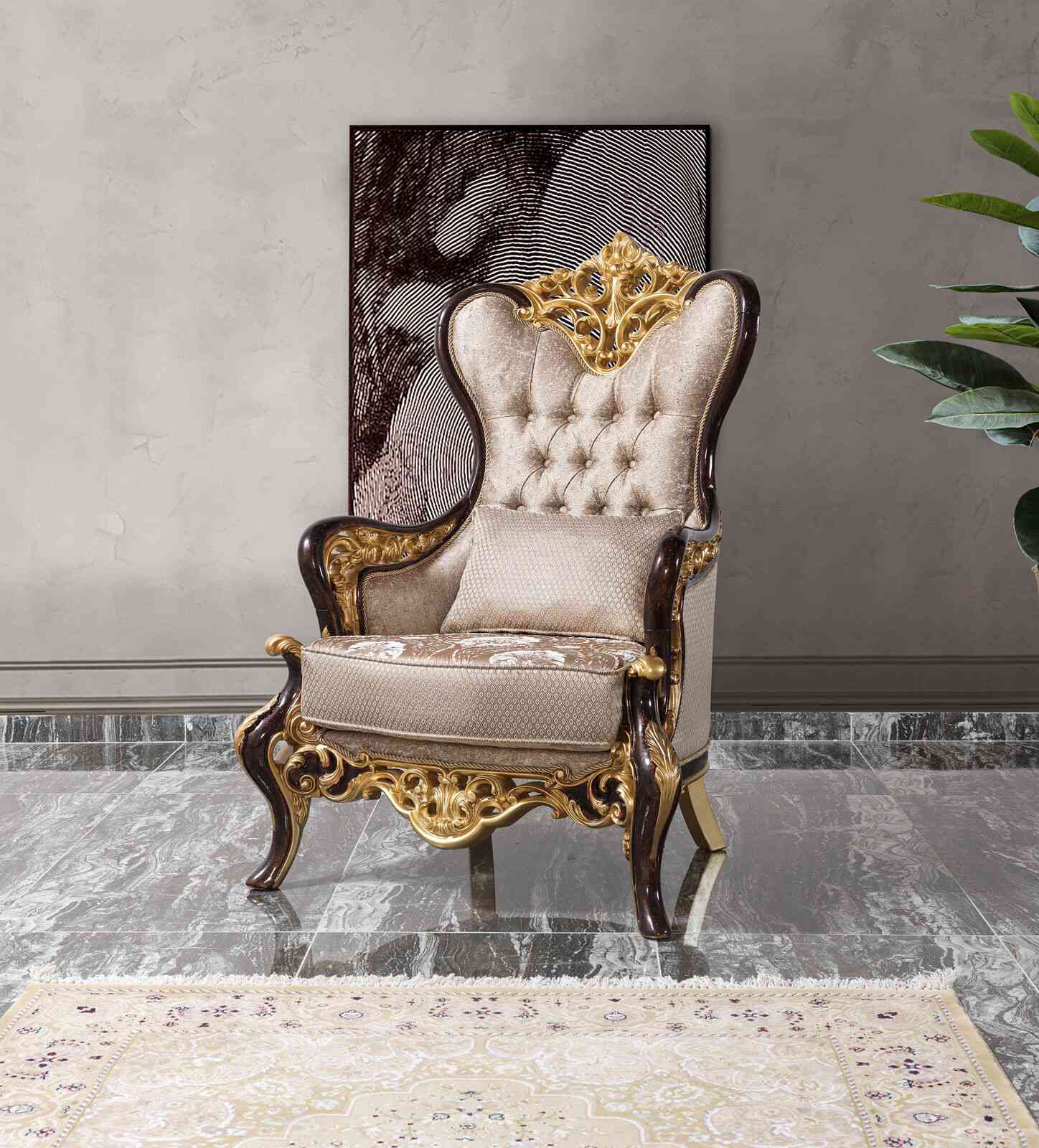Ohrensessel Sessel Beige Barock Sitzer Stoff Polyester Wohnzimmer