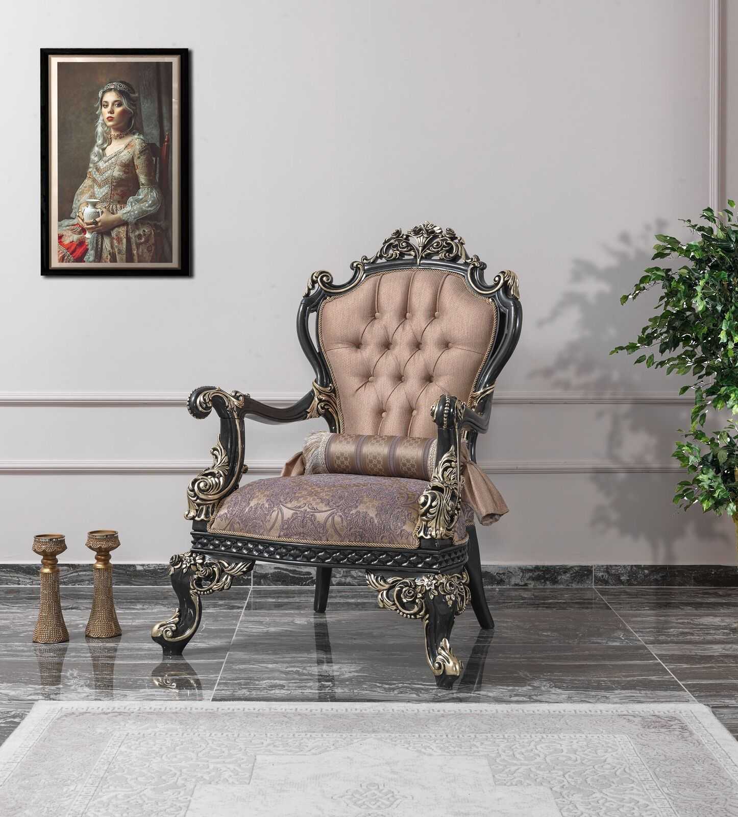 Sessel Beige Ohrensessel Barock Sitzer Stoff Polyester Wohnzimmer