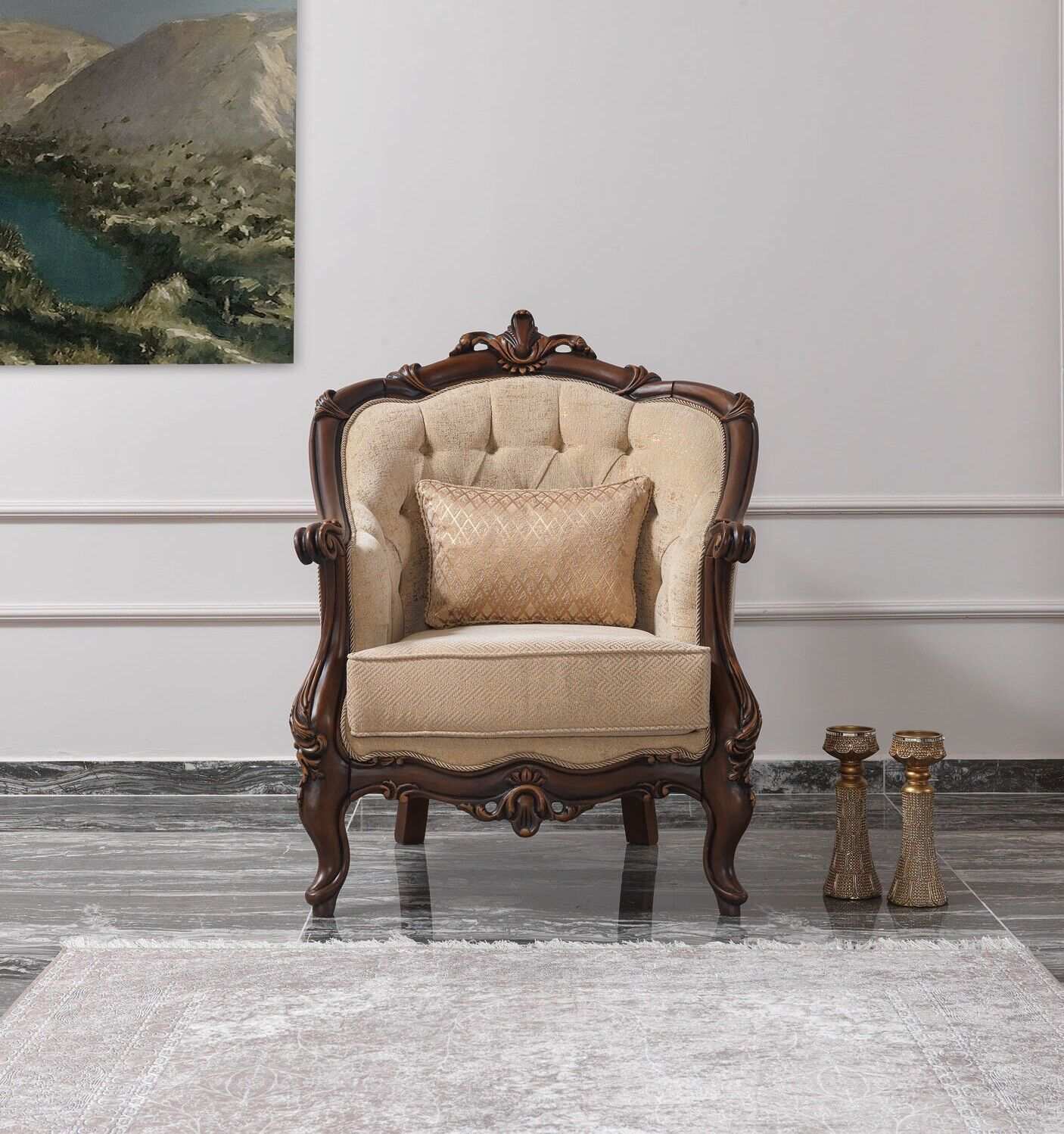 Sessel Ohrensessel Sitzer Stoff Beige Polyester Holz Wohnzimmer Barock