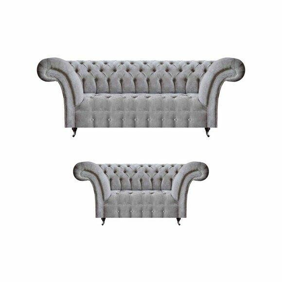 Luxus Sofagarnitur Dreisitzer mit Zweisitzer Grau Sofas Couch Chesterfield