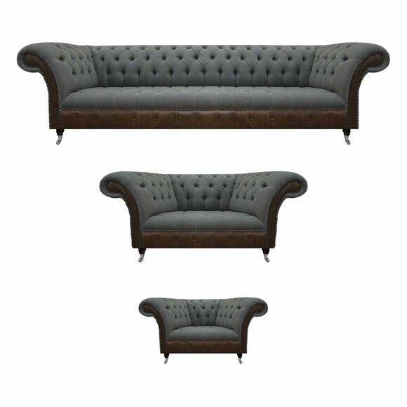 Grau-Braune Chesterfield Sofagarnitur Wohnzimmer Sitzmöbel 4-Sitzer 3tlg