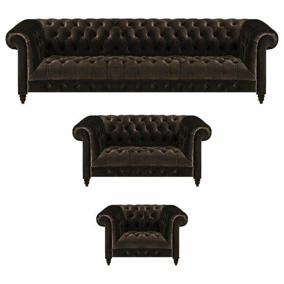 Polster Chesterfield Garnitur Designer Braune Couchen Lehnsessel 3tlg Set