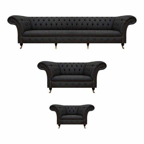 Komplette Schwarze Chesterfield Sitzgarnitur Designer Zweisitzer Sessel