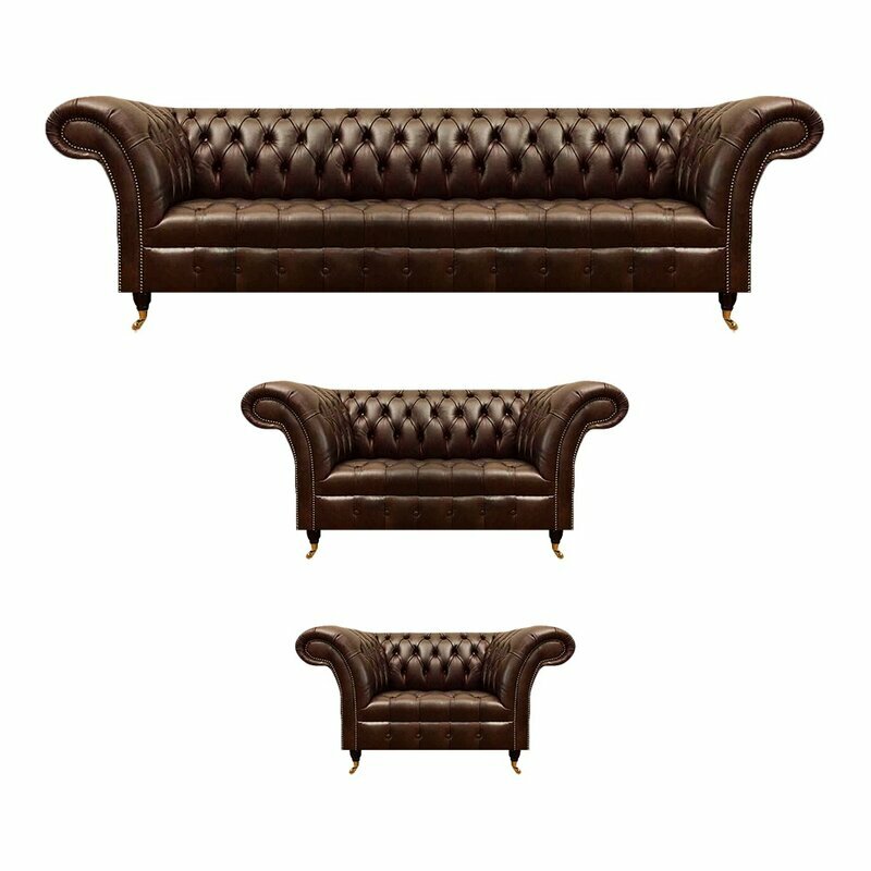 Braune Chesterfield Ledersofas Designer Ledersessel Dreisitzer 3tlg Set