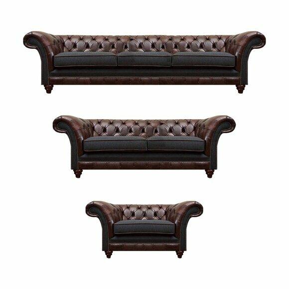 Chesterfield Braun-Graue Garnitur Ledersofas Designer Komplettes 3tlg Set