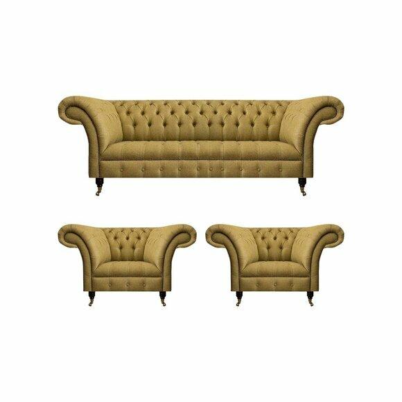 Luxus Gelbe Chesterfield Couch Designer Wohnzimmer 2x Polstersessel 3tlg