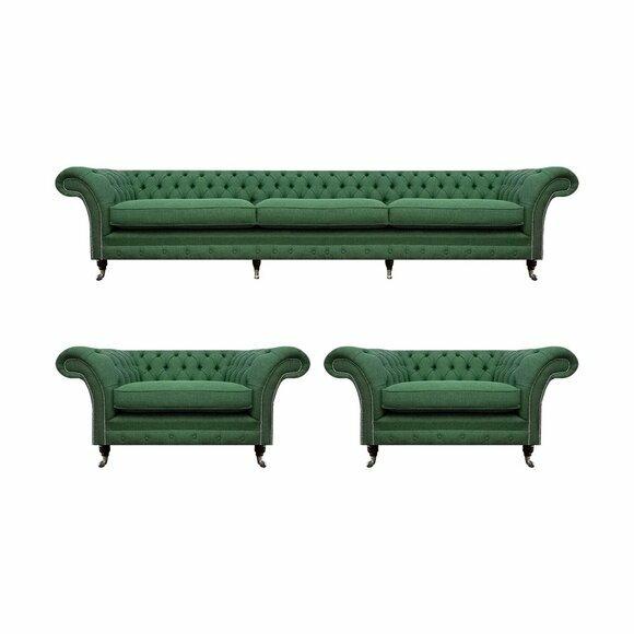 Wohnzimmer Chesterfield Garnitur Grüner 3-Sitzer 2x Sessel 3tlg Edel Set