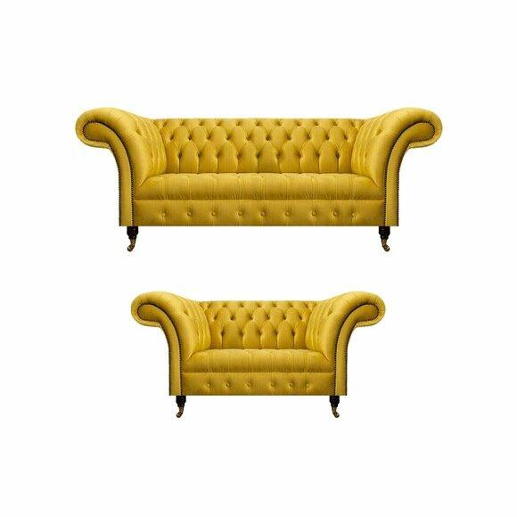 Komplette Gelbe Chesterfield Garnitur Edler Dreisitzer Zweisitzer Couch