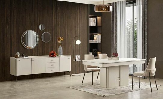 Weiße Esszimmer Garnitur Designer Essgruppe 6x Polsterstühle Anrichte