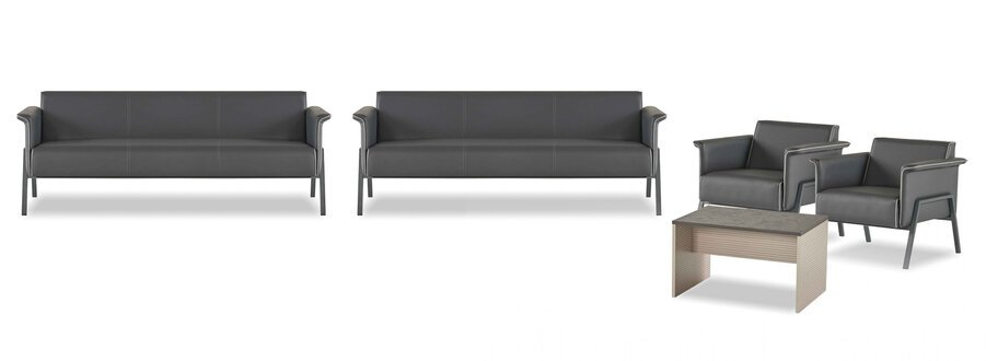 Graues Arbeitszimmer Set 2x Leder 3-Sitzer Moderner Büro Beistelltisch