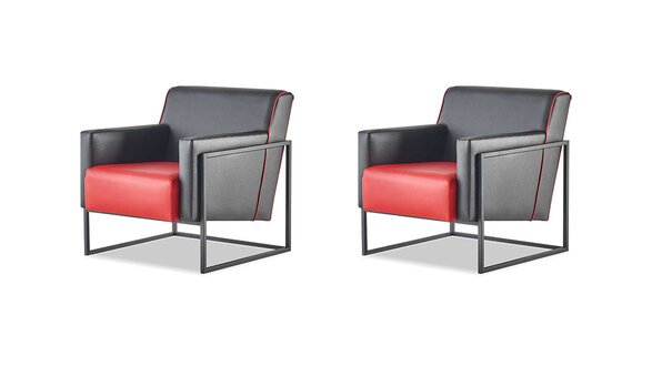 Sessel Schwarz Rot Leder Edelstahl Set Lehnsessel Modern Leder Holz