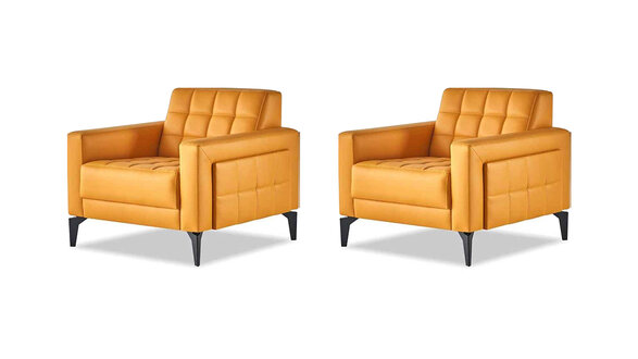Chesterfield-Set Gelb Sessel Lehnsessel Modern Leder Edelstahl Holz