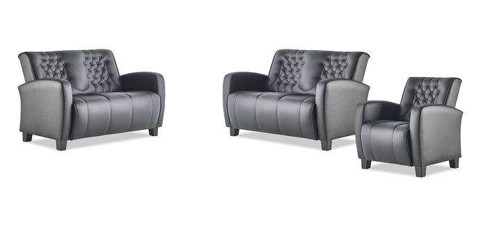 Ledersofa-Set 2-Sitzer Sessel Chesterfield Couch Schwarz Modern Knöpfe
