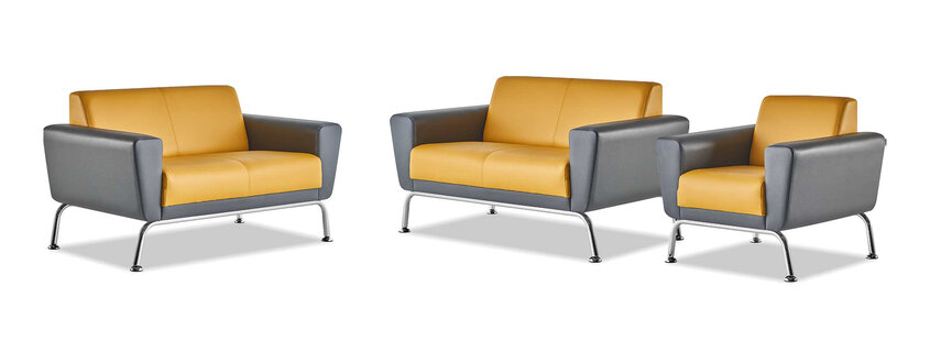 Sitzmöbel-Set Leder Ledersofas 2-Sitzer Sessel Gelb Grau Edelstahl Holz