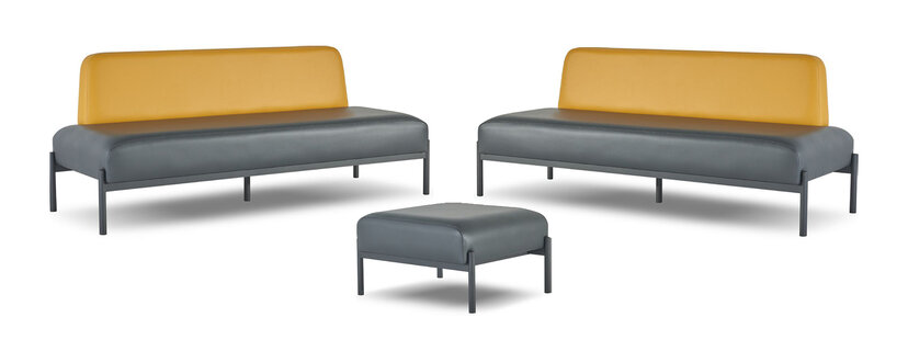 Sitzmöbel Ledersofas Art Deco Edelstahl Schwarz Gelb 3-Sitzer Hocker Set