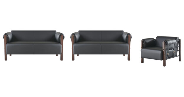 Sofa-Set Sofagarnituren Sofas Leder 2-Sitzer Sessel Schwarz Modern Holz