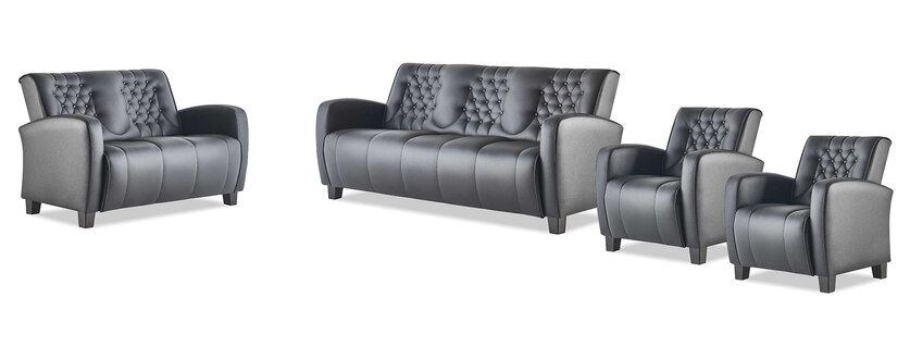 Sofas Schwaz Komplett-Set 3-Sitzer 2-Sitzer Sessel Leder Knöpfe Couch