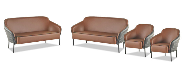 Sofa-Set Braun Schwarz Sofagarnitur 2-Sitzer Sessel Leder Edelstahl Holz