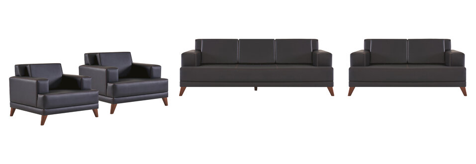 Ledersofas Set 3-Sitzer 2-Sitzer 2x Sessel Schwarz Polster Kissen Holz