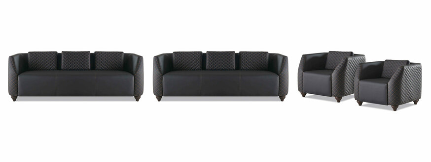 Komplett Set 3-Sitzer 2x Sessel Schwarz Polster Modern Leder Sofa-Set
