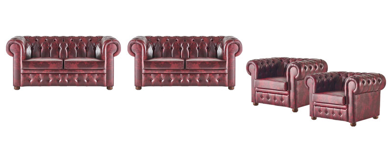 Couch Sofa-Set Leder 2-Sitzer Sessel Bordeaux Chesterfield Klassisch Holz 4tlg.