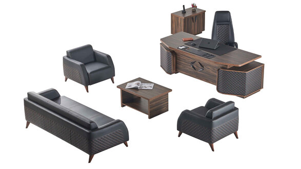 Modern Komplett Arbeitszimmer-Set Schreibtisch Sofas Braun Schwarz Leder