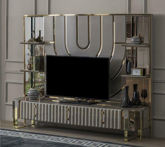 TV Ständer RTV Lowboard Sideboard Wohnzimmer Gold Grau Luxus Holz Sofort