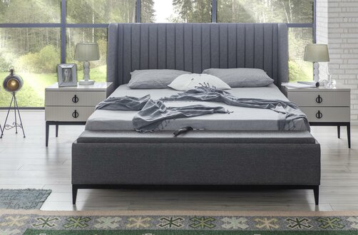 Graues Schlafzimmer Bett + 2x Nachttisch Konsolen Nachttische Betten 3tlg. Neu