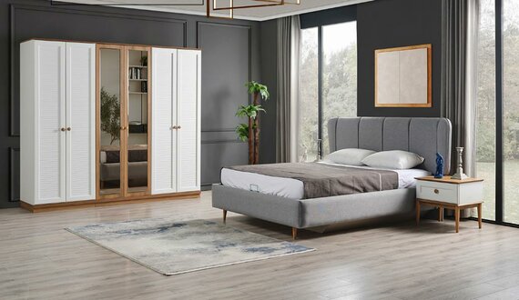 Schlafzimmer Set 6tlg Doppelbett Garnitur Kleiderschrank Modern Bett Nachttische