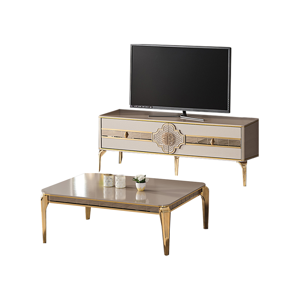 Wohnzimmer Garnitur TV Ständer Couchtisch Sideboard Beige RTV Lowboard 2tlg