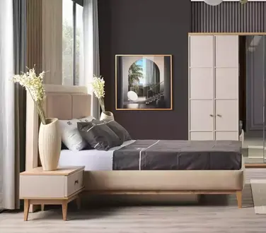 Luxus Schlafzimmer Bett + 2x Nachttische Holz Komplettes Modern Beige