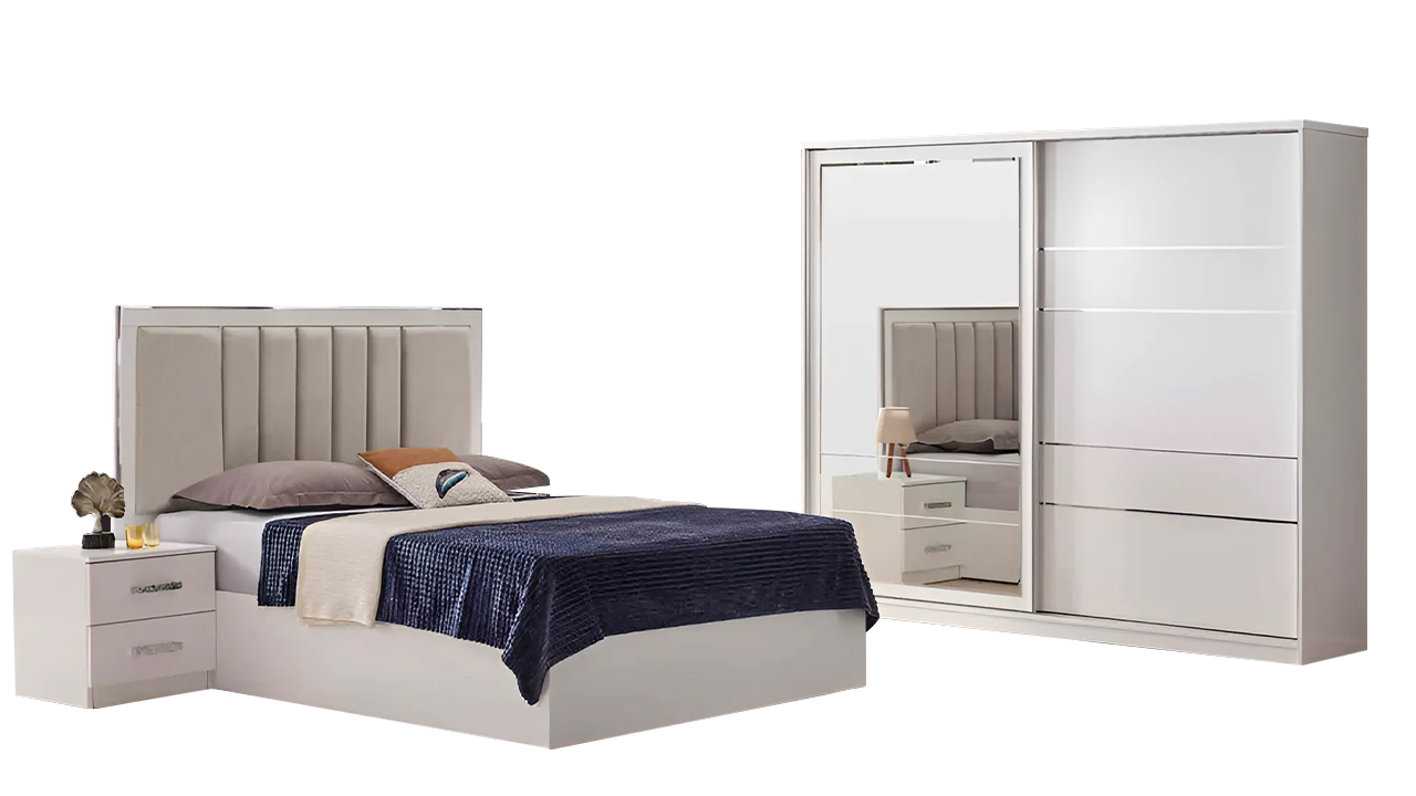 Schlafzimmer Möbel Doppelbett Nachttische Komplette 4tlg Schrank Beige
