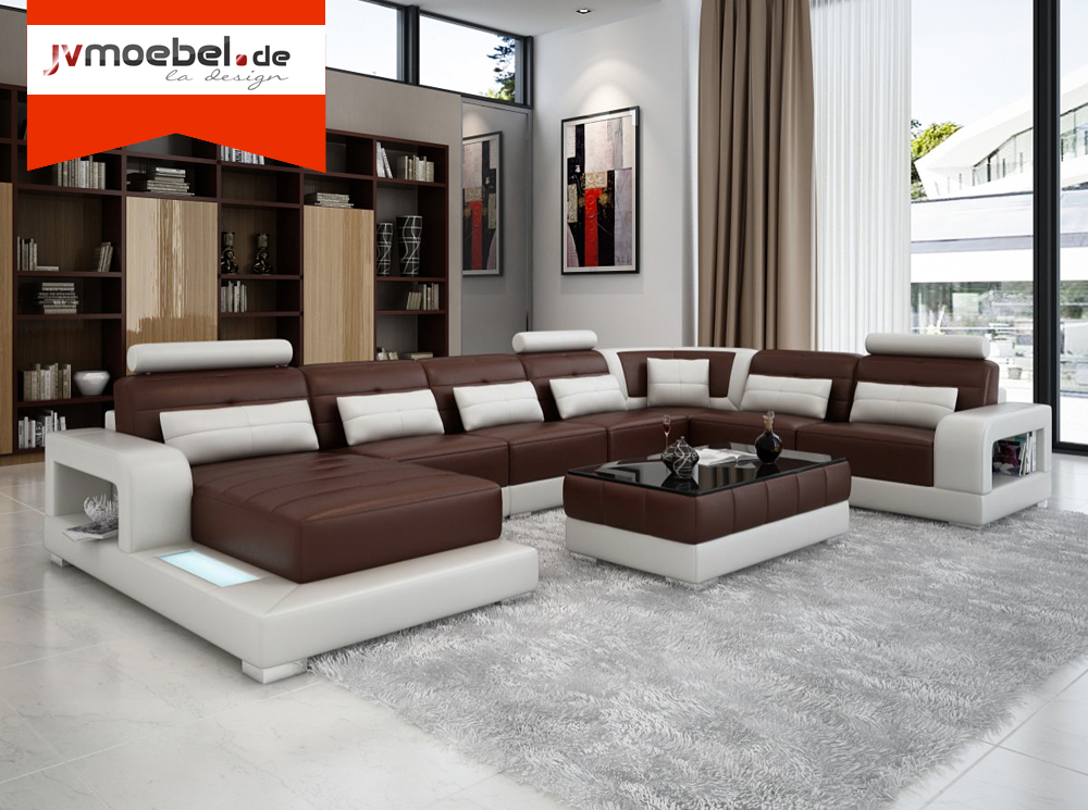 XXL Big Wohnlandschaft Sofa Couch Polster Eck Leder Sofa Garnitur Couchen +Licht