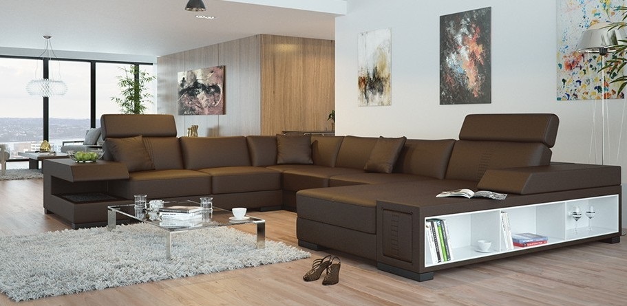 Ecksofa U Form Sofa Couch Polster Ecksofa Wohnlandschaft Ledersofa Badra "Braun"