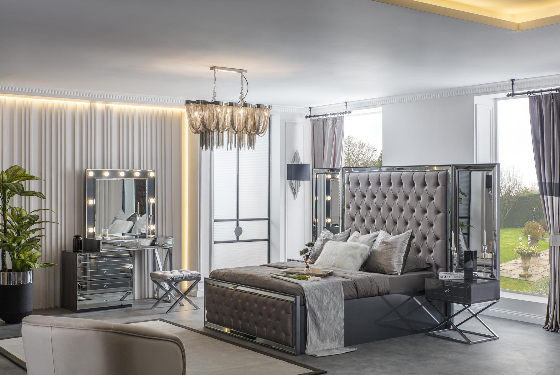 Graues Schlafzimmer Set Doppelbett Chesterfield Nachttische stilvolle neu