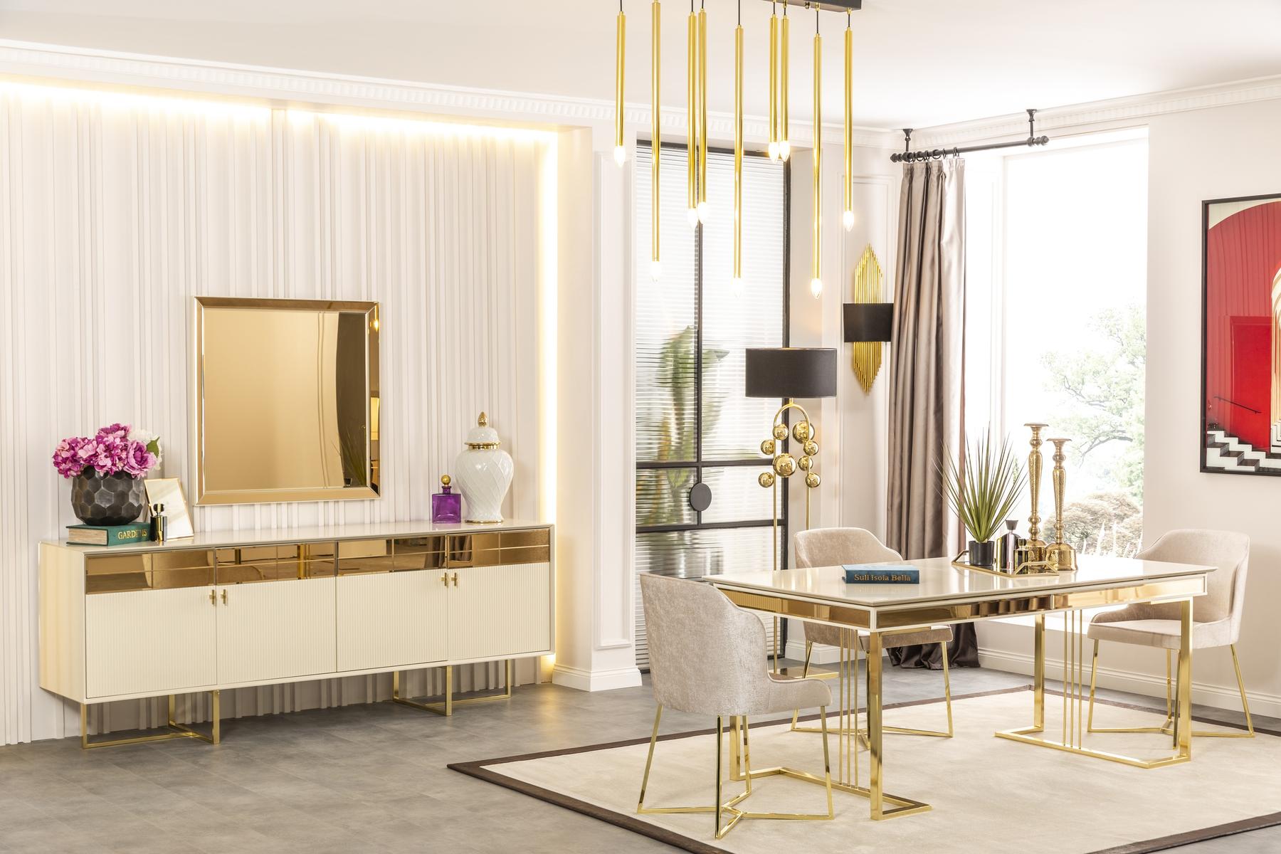 Stylish Gold Dining Set bequeme Stühle Tisch Küche Holzmöbel Luxusmöbel