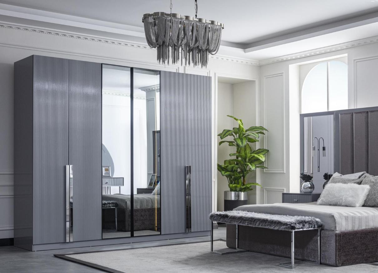 Graues Schlafzimmer Set 5 tlg. Bett Kleiderschrank Günstige Möbel Bank
