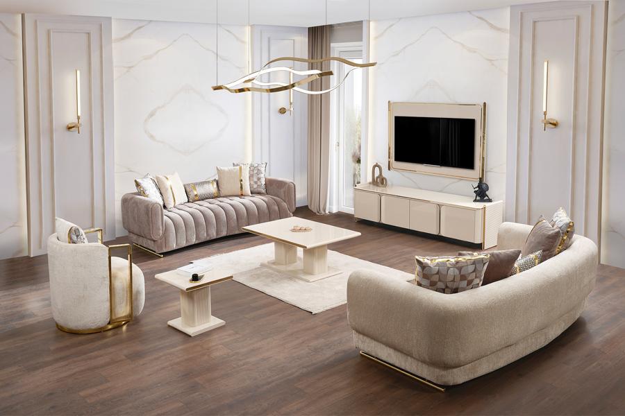 Wohnzimmer Sofa Set 3+3+1 Sitzer TV Lowboard Holzmöbel Wandpaneel Couchtisch