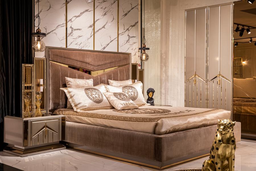 Luxus Schlafzimmer Set Stilvolle Bett 2x Nachttische Holzmöbel Modern Textil