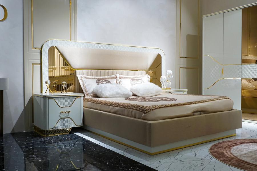 Elegantes Schlafzimmer Set Bett 2x Nachttische Holzmöbel Textil Luxus Möbel