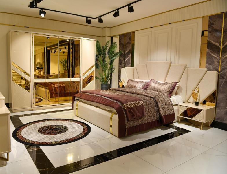 Doppelbett Kleiderschrank Spiegeltür Nachttische Gold Beige Schlafzimmer 4tlg