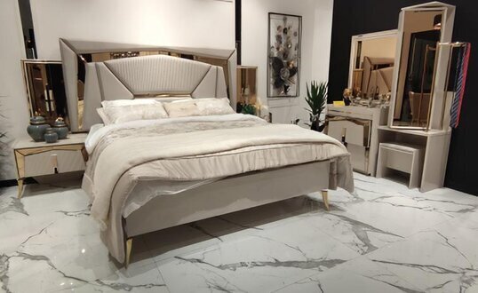 Doppelbett Nachttische mit Spiegel Schminktisch Beige Gold Schlafzimmer