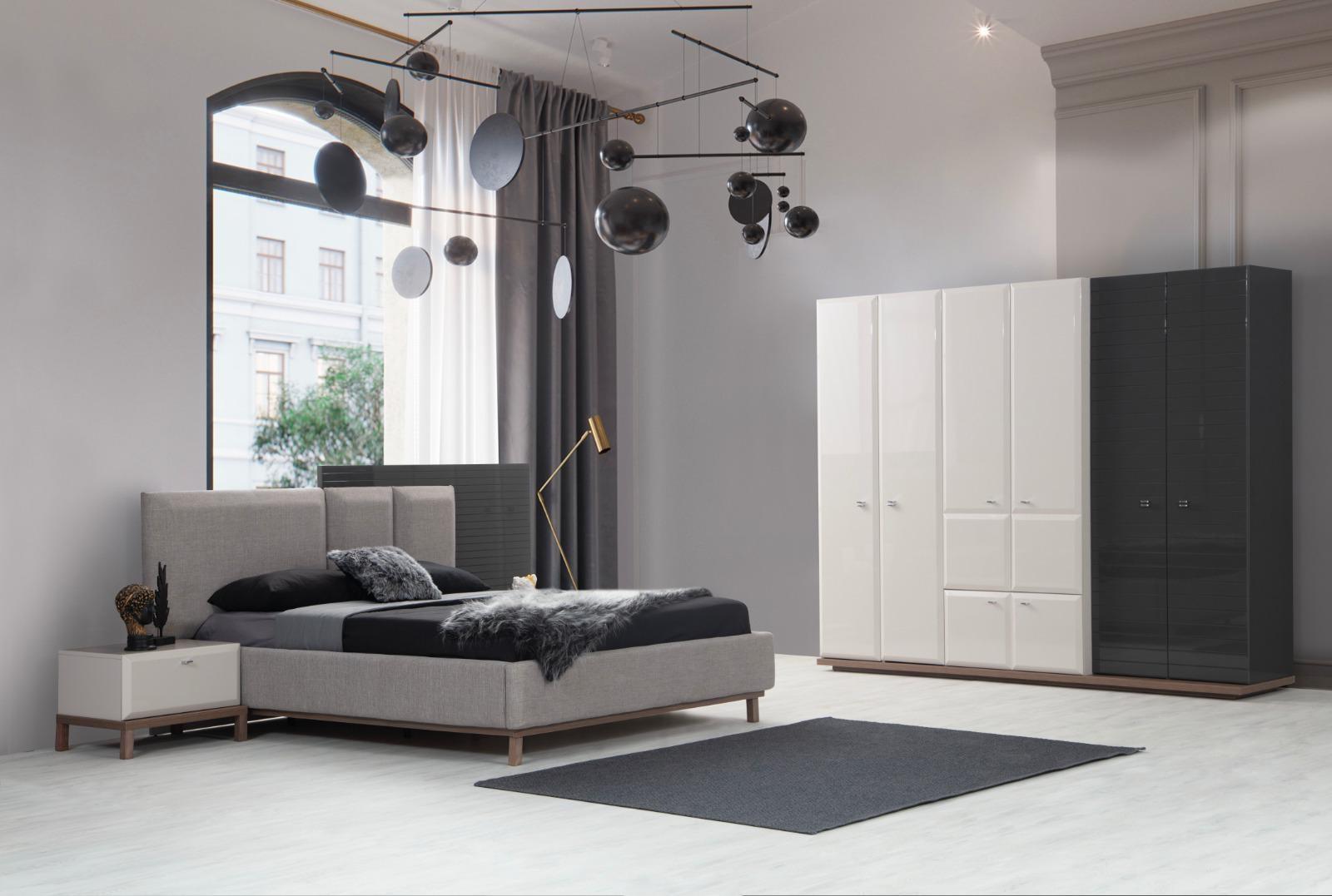 Grau-Weiße Schlafzimmer Garnitur Doppelbett Nachttische Kleiderschrank