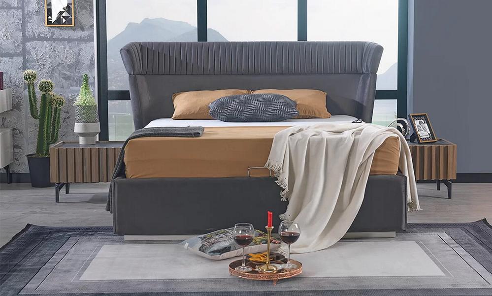 Grau Bett Holzmöbel 2x Nachttische Schlafzimmer Komplett Set 3tlg Modern
