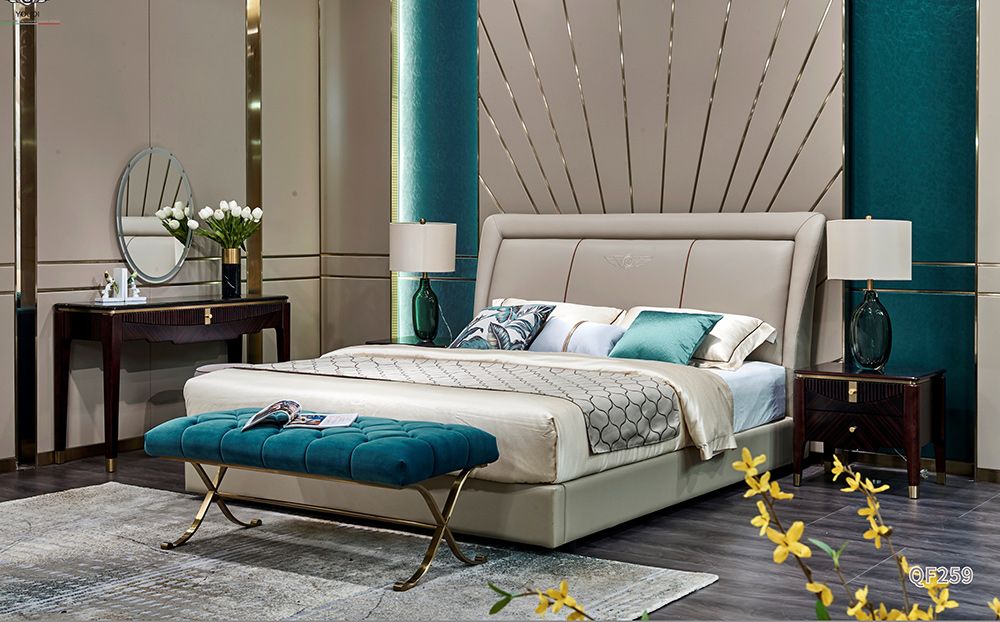 Schlafzimmer Bett 2x Nachttisch Hocker Komplette Sets Leder Möbel Zimmer 4tlg.