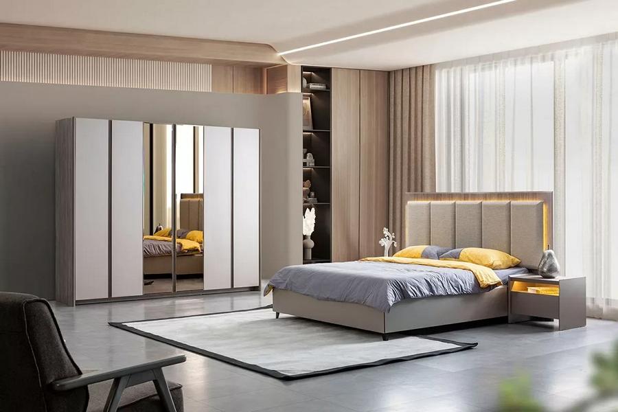 Schlafzimmer-Set Grau Bett mit 2 Nachttische & Geräumiger Kleiderschrank 4-tlg.