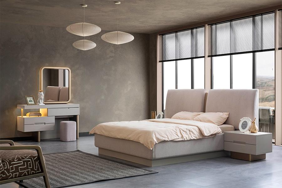 Modernes Schlafzimmer Set 4tlg. Bett Schminktisch Nachttische Beige Modern