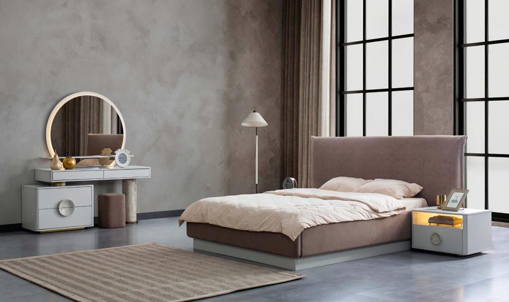 Modernes Schlafzimmer Set 4tlg. Bett Schminktisch Nachttische Taupe Modern